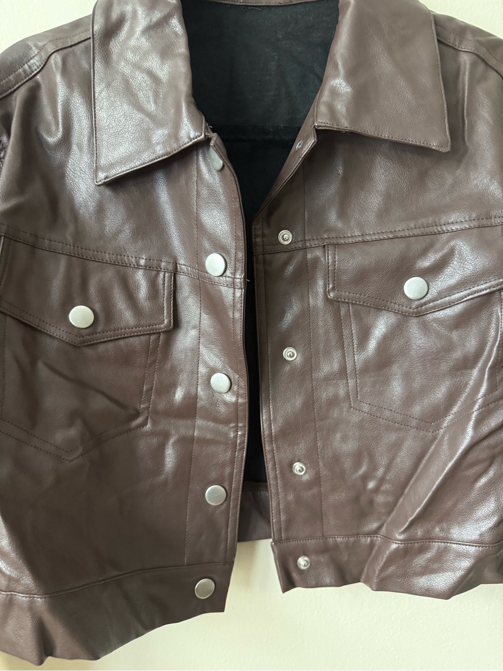 Chocolate Brown Faux Leather Cropped Trucker Jacket S - Picture 4 of 5